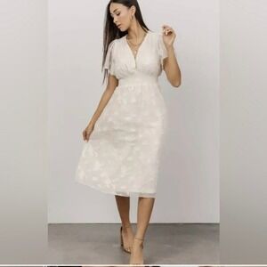 NWT Baltic Born Flutter Sleeve V Neck Midi Dress Cream Floral Textured L BOHO
